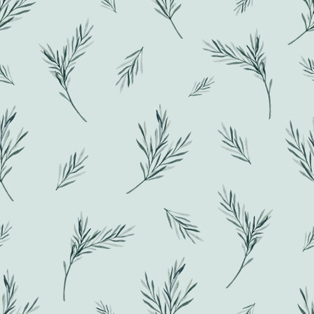 Watercolor rosemary seamless pattern. Winter print on mint background. Evergreen spruce, Hand drawn botanical illustration for fabric, wrapping paperの写真素材