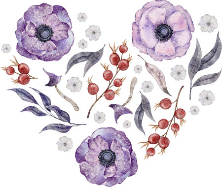 Watercolor Template design heart label. Banner with anemone, rosehip berries, branch, leaves and small white flowers. Perfect for packaging design, greeting card, flyer, brochure.の写真素材