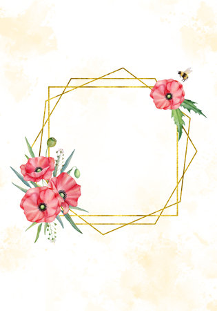 Watercolor red poppies and bee with gold geometric frame. Hand drawn botanical illustration. Wedding invitation floral template Wildlife Flowers for postcards, greetings, thank you cards, sale posters, couponsの写真素材