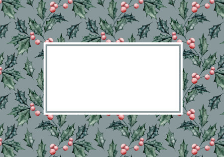 Watercolor banner with winter palnt. Holly print on dark background. Hand drawn berries illustration. Template for greeting cards, wedding decorations, invitation, sales, packaging. Christmas design. Place for text.の写真素材