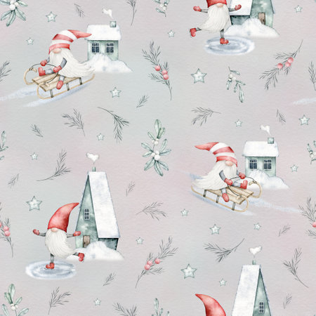Watercolor Nordic Scandinavian gnome seamless pattern. Dwarfs skating, sledding, house and rosemary on pink background. Hand drawn Christmas illustration for fabric, wrapping paperの写真素材
