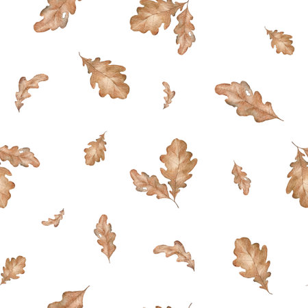 Autumn oak leaves seamless pattern on white background. Watercolor hand drawn illustration. Aquarelle orange brown autumn leaf.の写真素材