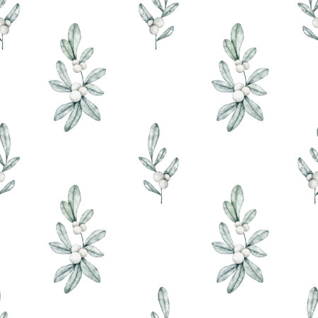 Watercolor winter plant seamless pattern. Snowberry print on white background. Hand drawn illustration for fabric, wrapping paperの写真素材