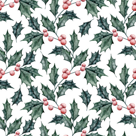 Watercolor winter palnt seamless pattern. Holly print on white background. Hand drawn mushroom illustration for fabric, wrapping paperの写真素材
