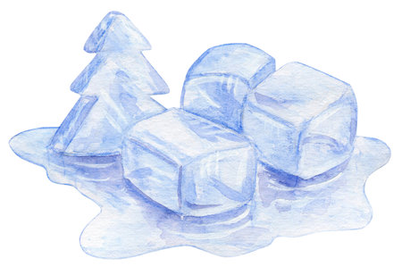 Melt cubes of blue crystal ice. Ice in the shape of a Christmas tree. Watercolor hand drawn illustration for postcard, invitation, banner, packaging, background.の写真素材