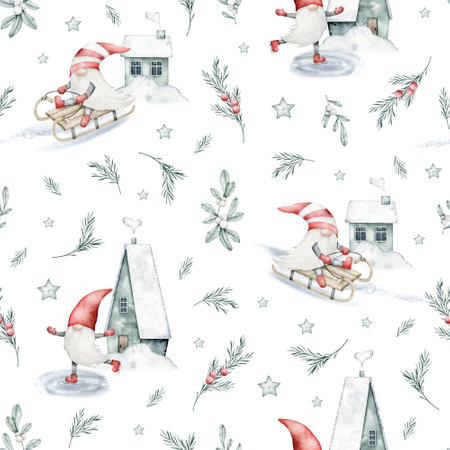 Watercolor Nordic Scandinavian gnome seamless pattern. Dwarfs skating, sledding, house and rosemary on white background. Hand drawn Christmas illustration for fabric, wrapping paperの写真素材
