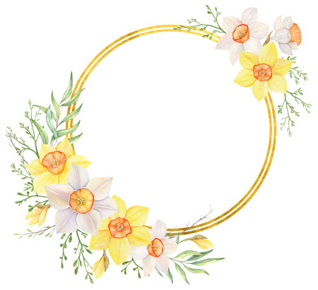 Frame with flowers in a circle. The text is in the middle. Greeting card template with place for text. Festive frame of daffodils flowers. Flower decoration. Gold frame with delicate white and yellow flowers.の写真素材