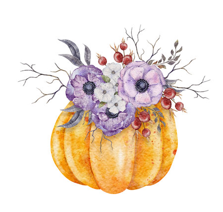 Arrangement with Orange pumpkin and flowers . Pumpkin decor with purpule anemone , rosehip berries, dusk violet leaves and tree branches. Autumn watercolor illustration. Thanksgiving cards floral bouquet in Pumpkin. Hand drawn illustration botanical compositionの写真素材
