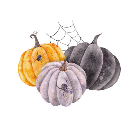 Halloween pumpkin with spider and spider web. Watercolor harvest illustrarion, Halloween holiday hand drawn illustration. Symbol of horror for stickers, holidays design, posters, invitationsの写真素材