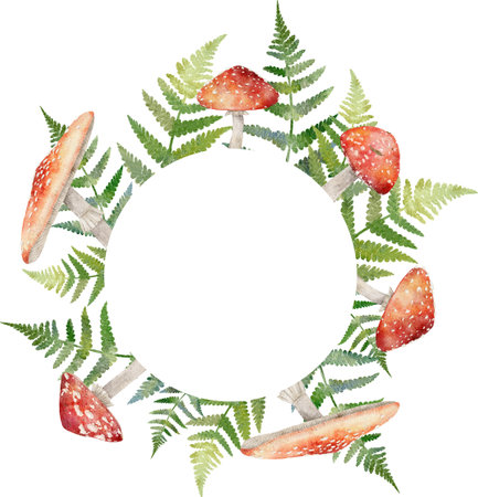 Amanita muscaria watercolor frame with circle place for text. Fly agaric mushroom with fern. White spotted toxic red mushrooms. Hand drawn Illustration for card, invitation, package.の写真素材