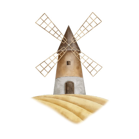 Watercolor windmill tower on wheat field. Hand drawn Netherlands landscape. Vintage Illustration on isolated background for cards, postcards, posters, souvenirsの写真素材