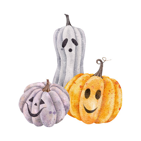 Scary Jack o Lantern halloween pumpkin. Watercolor card of three pumpkins, Halloween holiday hand drawn illustration. Symbol of horror for stickers, holidays design, posters, invitations.の写真素材