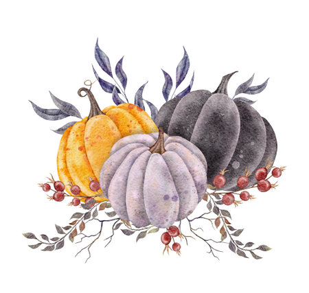 Watercolor harvest pumpkin with tree branches, leaves and roseship. Fall holiday hand drawn illustration. Thanksgiving design for stickers, autumn mugs, posters, invitationsの写真素材