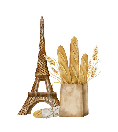 French baguettes in craft bag with bunch of spikelets of wheat, rye, grains and the Eiffel Tower. Hand drawn watercolor illustration for card, souvenir, label, poster, bakery labelの写真素材