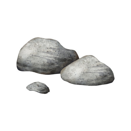 Sea Pebbles. Natural stones pile. Solid rocks nature landscape element. Beautiful detail of landscape, seascape, nature scene. Hand drawn watercolor illustration for card, border, label, souvenirsの写真素材
