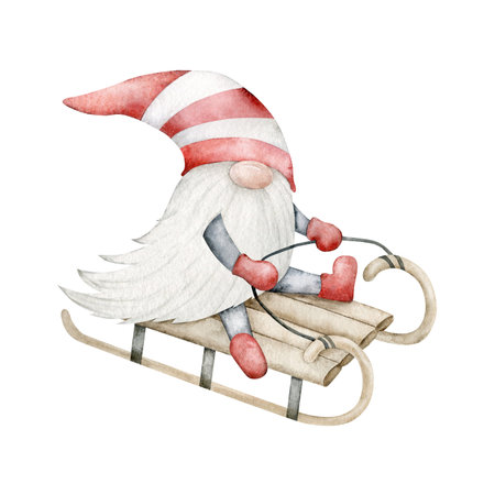 Nordic traditional gnome in a striped hat sledding. Funny New Year and Christmas Scandinavian Troll, dwarf. Hand drawn watercolor illustration for souvenirs, greeting card, poster. Adorable Winter childrens book illustrationの写真素材