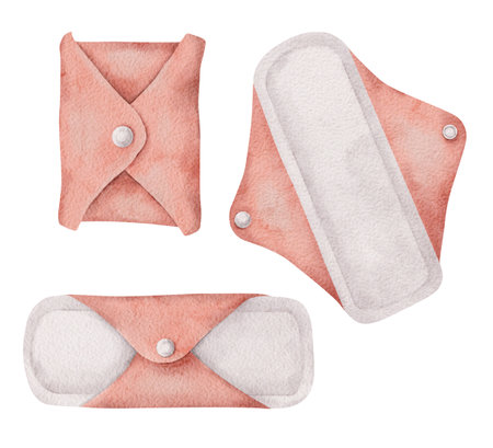 Washable Feminine hygiene products, Set of clean hygienic reusable pads. Menstrual cycle. Womens Health. Menstruation female hygiene product. Coral color. Hand drawn watercolor illustration for pack, brochureの写真素材