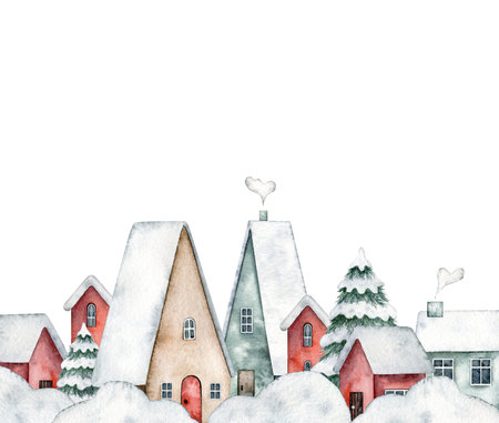 Winter illustration snowy street with cute houses, spruce, bushes in the snow, snowdrifts isolated on background. Hand painted watercolor design for Christmas card, souvenirs, winter poster, happy new year, sticker, invitation, greeting.の写真素材