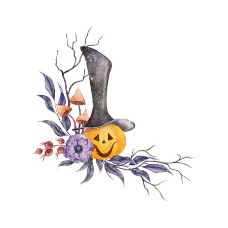 Scary Jack o Lantern halloween pumpkin in long hat. Wreath with branches with leaves, twigs, anemone and mushroom, Halloween holiday. Watercolor hand drawn illustration. Frame for card, holidays design, posters, invitations.の写真素材