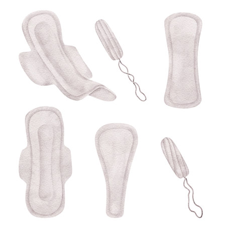 Menstruation Feminine hygiene products, Set of clean hygienic pads with wings and tampons, sanitary napkins. Soft cotton texture. Menstrual cycle. Womens Health. Hand drawn watercolor illustration for pack, brochureの写真素材