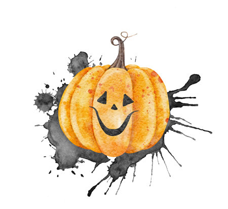 Scary Jack o Lantern on black splashes. Halloween holiday pumpkins. Watercolor hand drawn illustration. Symbol of horror for stickers, holidays design, posters, invitations.の写真素材