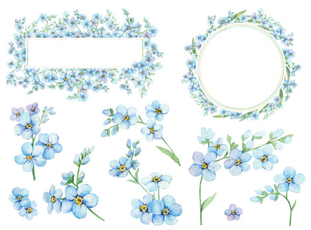 Set of blue forget-me-nots, floral rectangular frame and round wreath with place for text. Spring flowers Scorpion Grass, Myosotis. Hand draw watercolor illustration for wedding anniversary, birthday, invitation, Mothers day, Womens day cardの写真素材