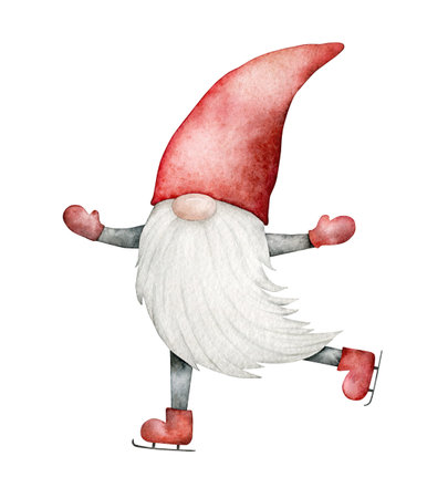 Nordic traditional gnome in a red hat skating. Funny New Year and Christmas Scandinavian Troll, dwarf. Hand drawn watercolor illustration for souvenirs, greeting card, sticker, poster. Adorable Winter childrens book illustrationの写真素材