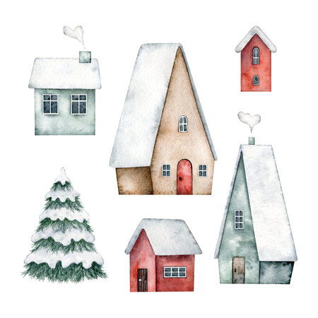 Winter set of cute houses with doors, windows, chimney, with snow on the roof and spruce tree. Hand painted watercolor design for Christmas card, souvenirs, winter poster, happy new year, sticker, invitation, greetingの写真素材
