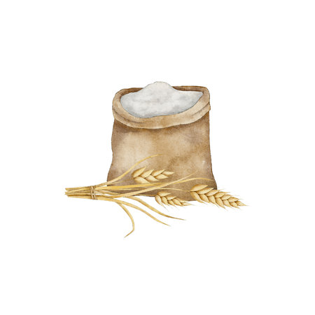 Flour sack bunch of gold spikelets of wheat, rye, grains and sliced fresh bread. Hand drawn watercolor illustration for card, souvenir, package, poster, bakery labels, cookbookの写真素材