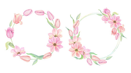Set of two Frame with pink tulip flowers in a circle. The text is in the middle. Greeting card template with place for text. Spring wreath. Hand drawn watercolor illustration for easter design, announcements, greeting cards, posters, weddings.の写真素材