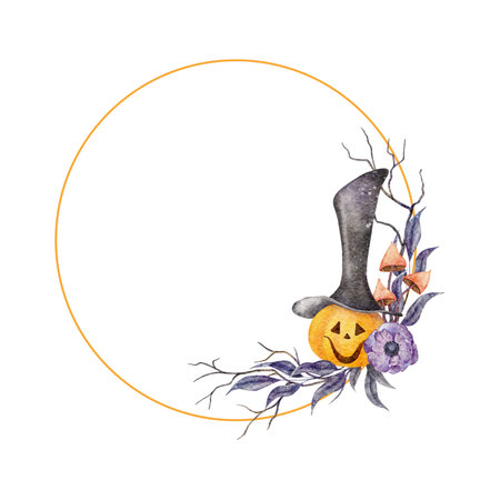 Scary Jack o Lantern halloween pumpkin face in long hat. Wreath with branches with leaves, twigs, anemone and mushroom, Halloween holiday. Watercolor hand drawn illustration. Frame for card, holidays design, posters, invitationsの写真素材