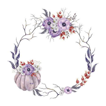 Round wreath with purple pumpkin and purpule anemone , rosehip berries, dusk violet leaves and tree branches. Autumn watercolor illustration. Fall flowers. Thanksgiving cards floral bouquet. Hand drawn illustration botanical composition.の写真素材
