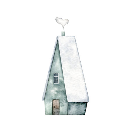 Emerald cute house with brown door, dark window, smoke coming from the chimney, with snow on the roof. Hand drawn watercolor design for Christmas card, souvenirs, winter poster, happy new year, sticker, invitation, greetingの写真素材