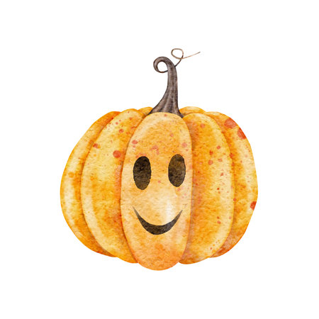Scary face Jack o Lantern. Halloween holiday orange pumpkins. Watercolor hand drawn illustration. Symbol of horror for stickers, holidays design, posters, invitationsの写真素材