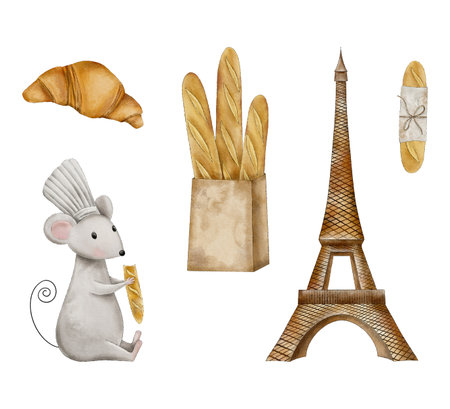 Set of cute mouse-baker eats a baguette, French baguettes in craft bag, croissant, Eiffel Tower. Hand drawn watercolor bakery illustration for card, souvenir, label, poster, bakery labelの写真素材
