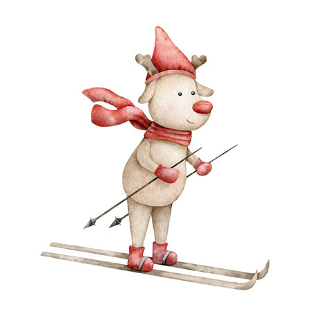 Deer in a red hat, scarf, mittens skiing. Funny Animal. New Year and Christmas Scandinavian character. Hand drawn watercolor illustration for souvenirs, greeting card, sticker, poster. Adorable Winter childrens book illustrationの写真素材