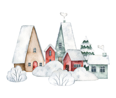 Winter illustration snowy street with cute houses with doors, windows, chimney, with snow on the roof and spruce tree., bushes in the snow, snowdrifts isolated on background. Hand painted watercolor design for Christmas card, souvenirs, winter poster, happy new year, sticker, invitation, greeting.の写真素材