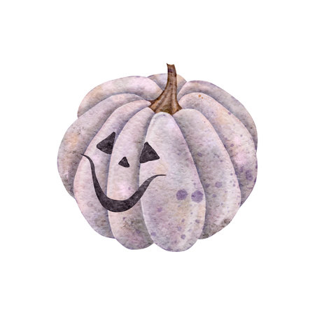 Scary face Jack o Lantern. Halloween holiday orange pumpkins. Watercolor hand drawn illustration. Symbol of horror for stickers, holidays design, posters, invitation.の写真素材