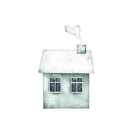Emerald cute house with dark window, smoke coming from the chimney, with snow on the roof. Hand drawn watercolor design for Christmas card, souvenirs, winter poster, happy new year, sticker, invitation, greetingの写真素材