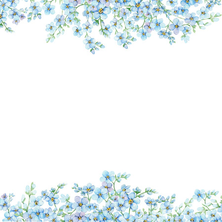 Blue forget-me-nots, floral rectangular frame with place for text. Spring flowers Scorpion Grass, Myosotis. Hand draw watercolor illustration template for wedding anniversary, birthdayの写真素材