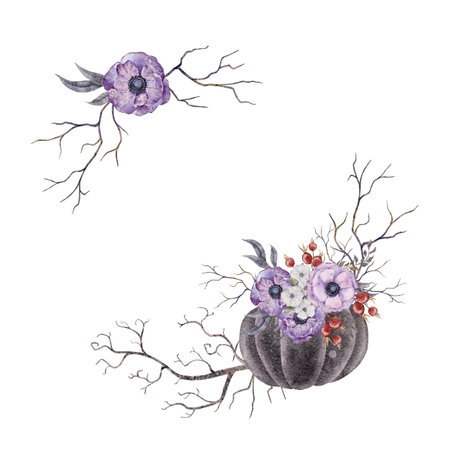 Round wreath with black pumpkin and purpule anemone , rosehip berries, dusk violet leaves and tree branches. Autumn watercolor illustration. Fall flowers. Thanksgiving cards floral bouquet. Hand drawn botanical composition.の写真素材
