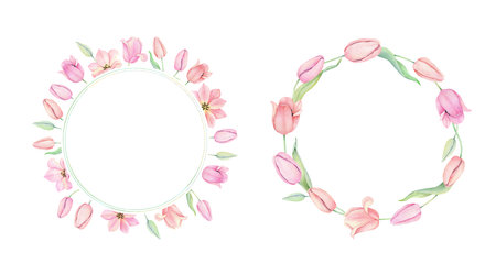 Set of two Frame with pink tulip flowers in a circle. The text is in the middle. Greeting card template with place for text. Spring wreath. Hand drawn watercolor illustration for easter design, announcements, greeting cards, posters, weddings.の写真素材