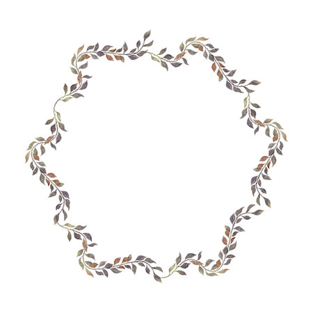 Round wreath with branches with leaves. Hand drawn watercolor illustration. Place for text is in the middle. Frame for print design, announcements, greeting cards, posters, weddings.の写真素材