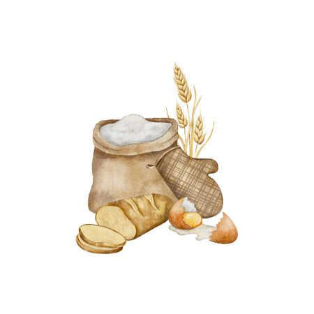 Flour sack, potholder, bunch of spikelets of wheat, rye, grains, the broken shell of a chicken egg and sliced fresh bread. Hand drawn watercolor illustration for card, souvenir, package, poster, bakery labelsの写真素材