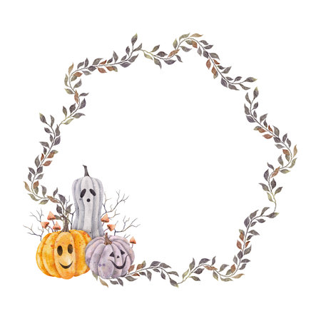 Round wreath branches with leaves, Scary Jack o Lantern halloween pumpkin. Three pumpkins, branches and mushroom, Halloween holiday. Hand drawn Watercolor illustration. Symbol of horror for stickers, holidays design, posters, invitations.の写真素材