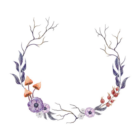 Round wreath with purple anemone , rosehip berries, dusk violet leaves, mushroom and tree branches. Autumn hand drawn watercolor illustration. Fall flowers for for greeting card, wedding invitation, souvenirs, stationary. Thanksgiving cards floral bouquet.の写真素材