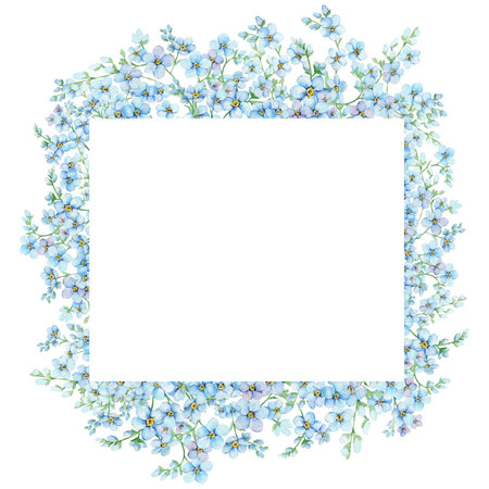 Blue forget-me-nots, floral square frame with place for text. Spring flowers Scorpion Grass, Myosotis. Hand draw watercolor illustration template for wedding anniversary, birthdayの写真素材