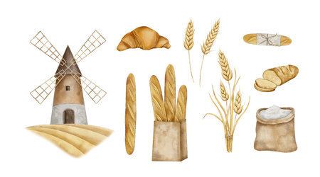 Set of Windmill tower on wheat field with flour sack, croissant, Crispy French baguettes in craft bag with bunch of spikelets of wheat, rye, grains and sliced fresh bread. Hand drawn watercolor illustration for card, souvenir, package, poster, bakery labels.の写真素材