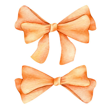 Festive decorative bow. Set of bright orange colour bow tie. Hand drawn watercolor illustration. Clip art graphic element for design and decoration cards, invitations and celebration as Christmas, birthday, Valentines day and weddingの写真素材