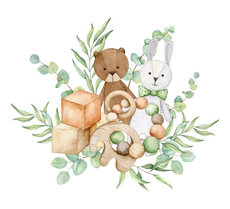 Welcome baby card with bunny and bear doll, teething toy, cubes, eucalyptus. Hand drawn watercolor illustration eco baby toys for card, poster, invitation, baby shower, tags, printing, nurseryの写真素材